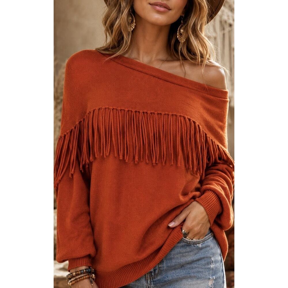Michael Kors Angora Knit Fringe Sweater Women’s L Orange Off Shoulder Boho Top